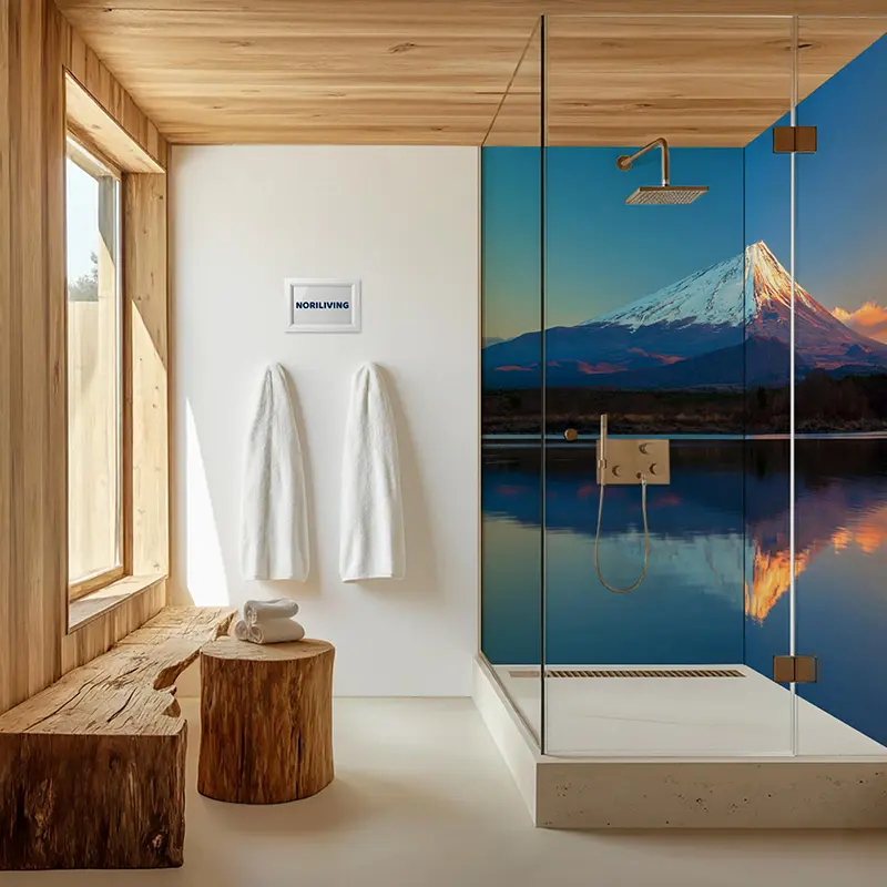 Helles Holzbad, Glasdusche mit Bergsee-Wand