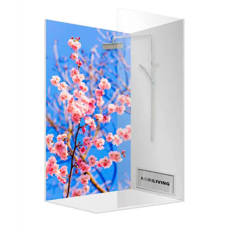 Duschrückwand mit rosa Kirschblüten