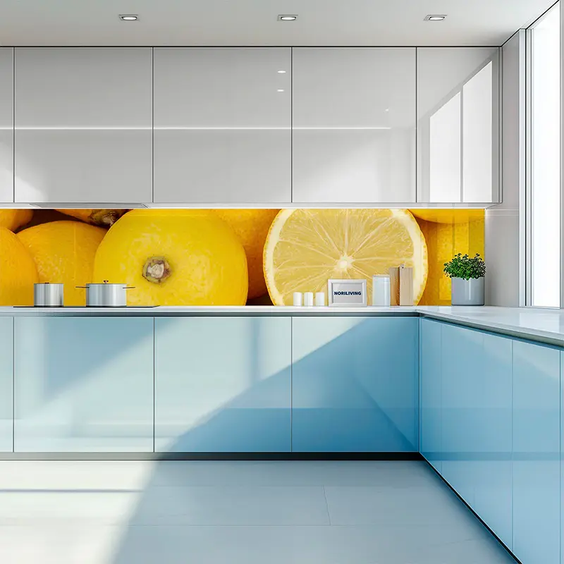 Helle Küchenzeile mit Zitronen-Motiv als Spritzschutz