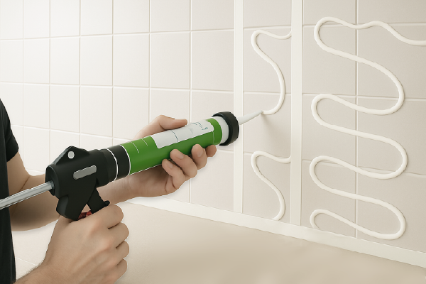 Person verwendet eine Silikonspritzpistole, um Fugen zwischen weißen Fliesen abzudichten