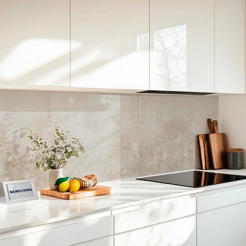 Weiße Küchenzeile mit Holzbrett, Früchten und Pflanzen