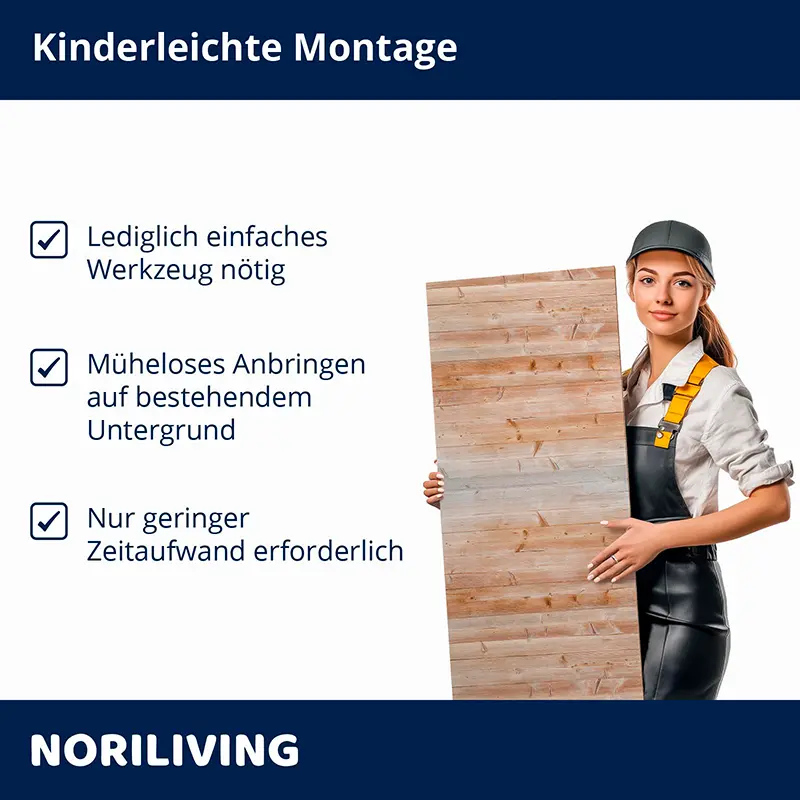 Frau hält Holzpaneel, Hinweise zur einfachen Montage