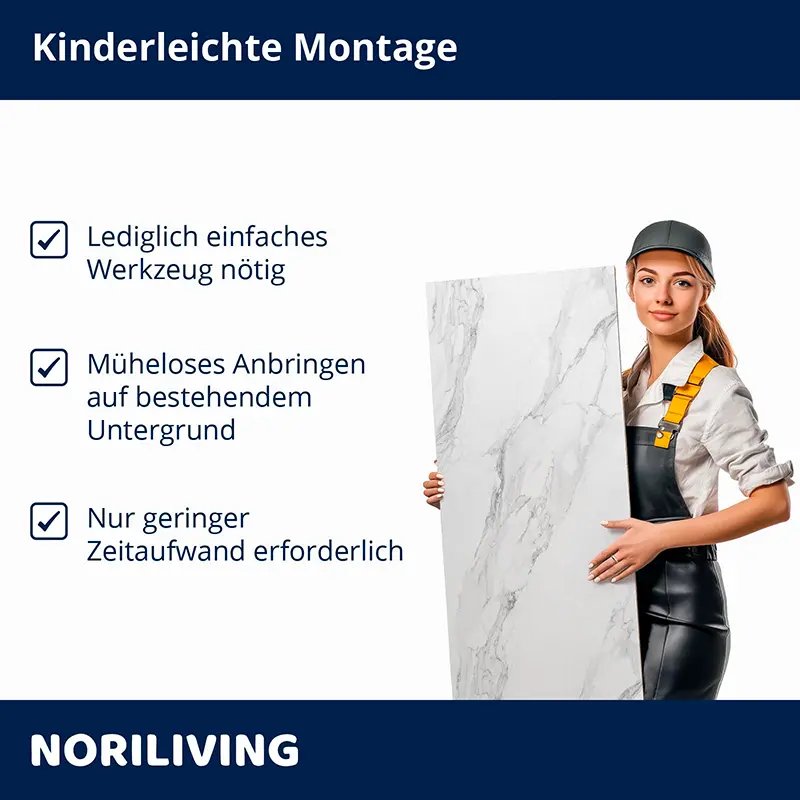 Handwerkerin hält Marmorplatte, Hinweis: einfache Montage