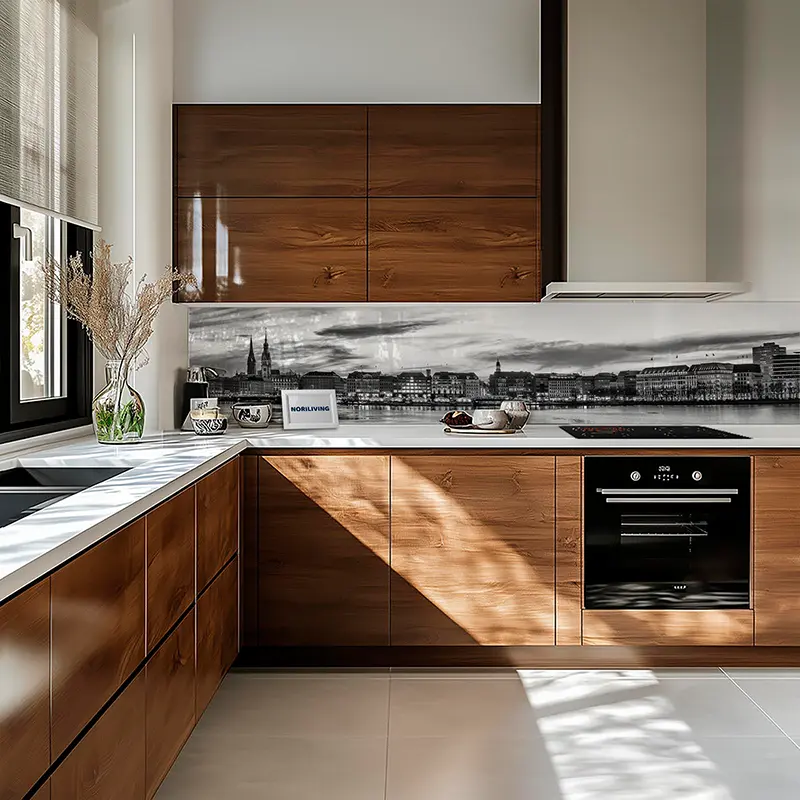 Helle Einbauküche mit Holzschränken und Stadtmotiv