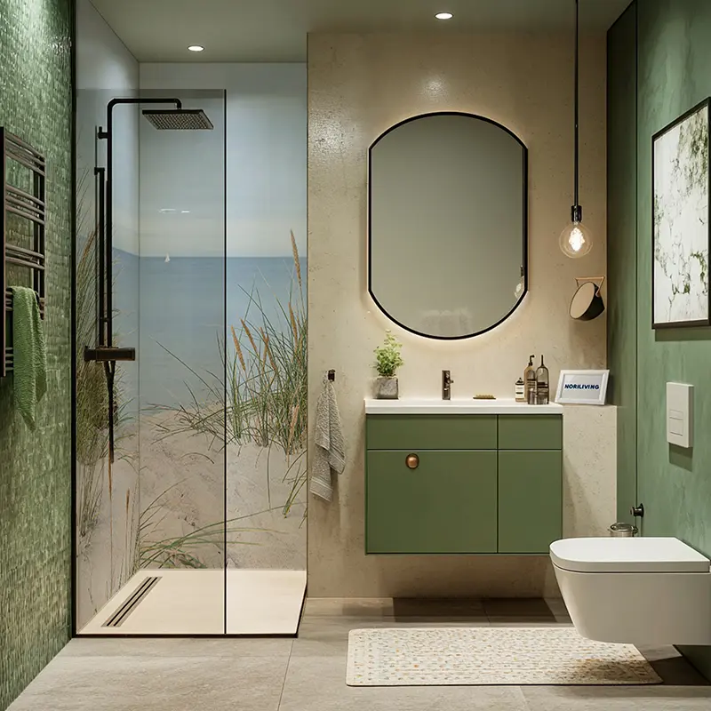 Badezimmer mit Dusche, grünem Waschbecken und Spiegel