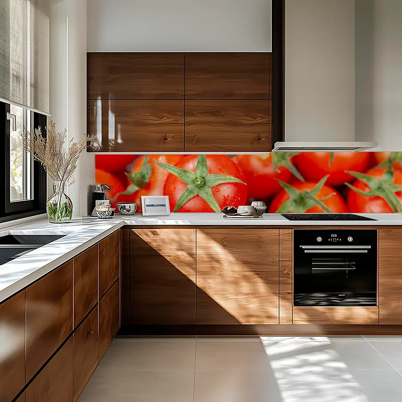 Moderne Küche mit Holzfronten und Tomaten-Glasrückwand