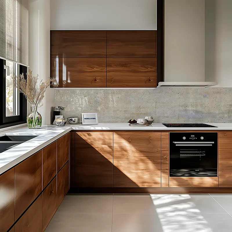 Helle Einbauküche mit Holzschränken und Arbeitsplatte