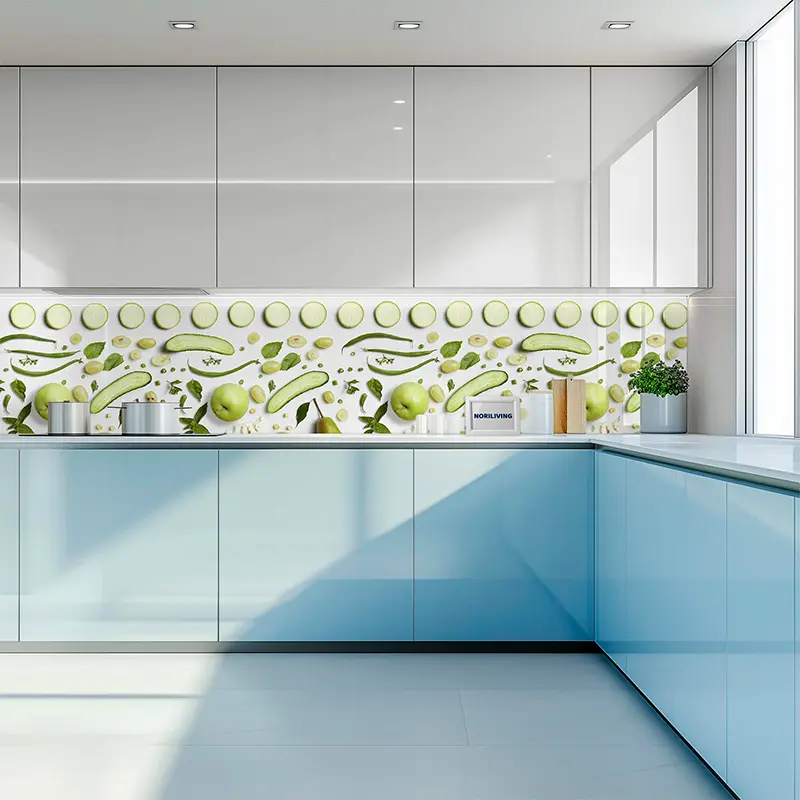 Moderne Küche mit blauem Schrank und grünem Backsplash