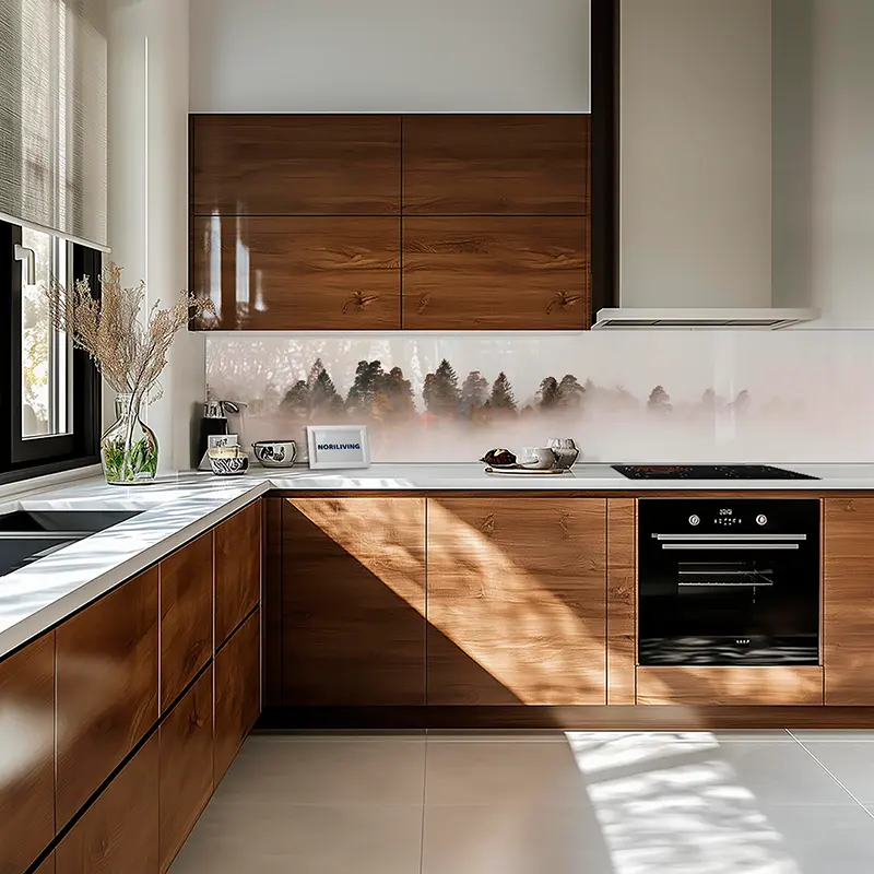 Moderne Küche mit Holzfronten und weißer Arbeitsplatte