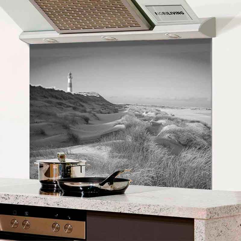 Spritzschutz Küche - Herd Alu Leuchtturm am Ellbogen List Sylt 356 schwarz-weiß