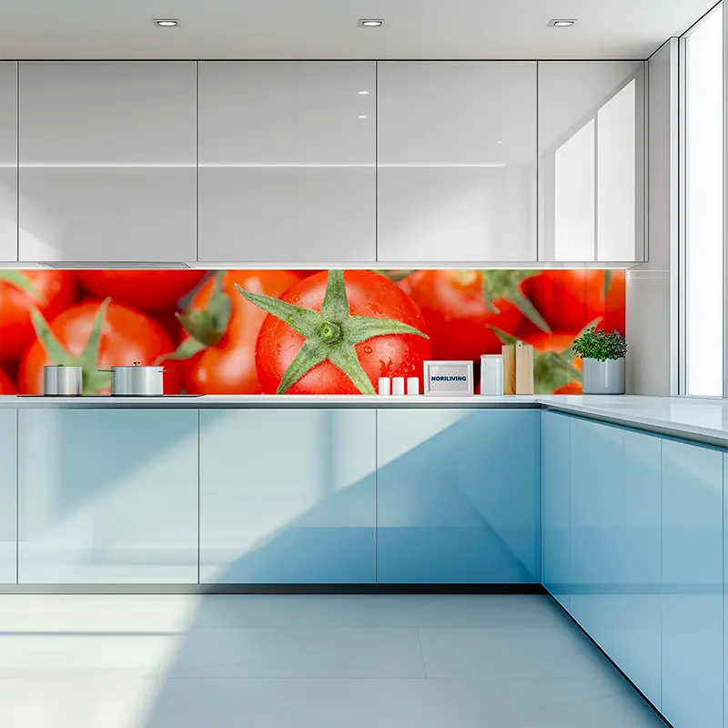 Moderne Küche mit großflächigem Tomaten-Motiv