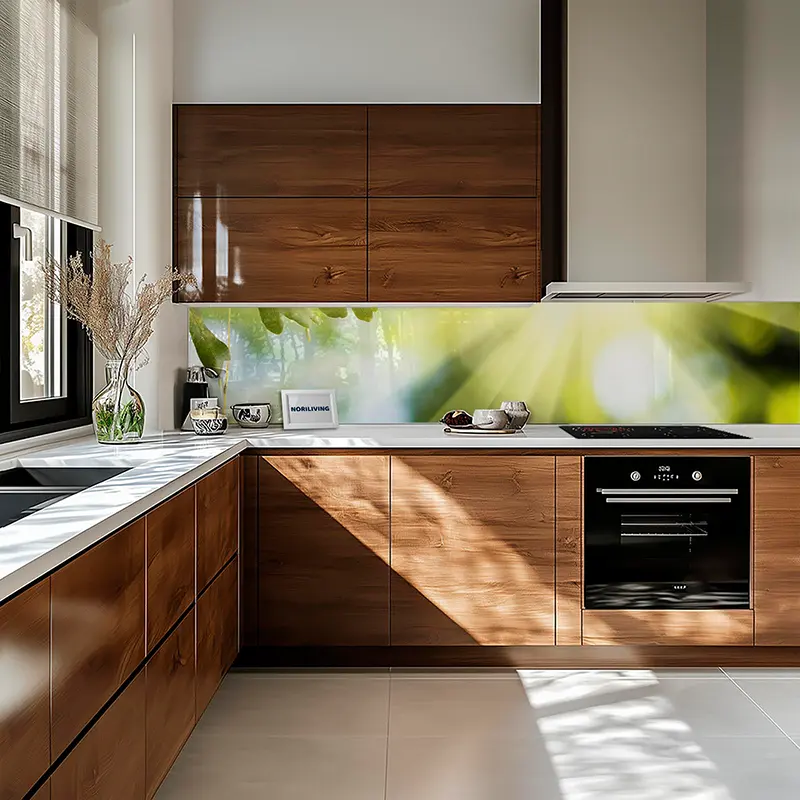 Einbauküche mit Holzschränken, Glasrückwand und Ofen