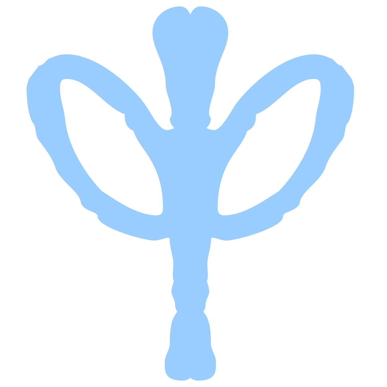 Illustration eines blauen, symmetrischen, abstrakten Designs mit flügelartigen Formen