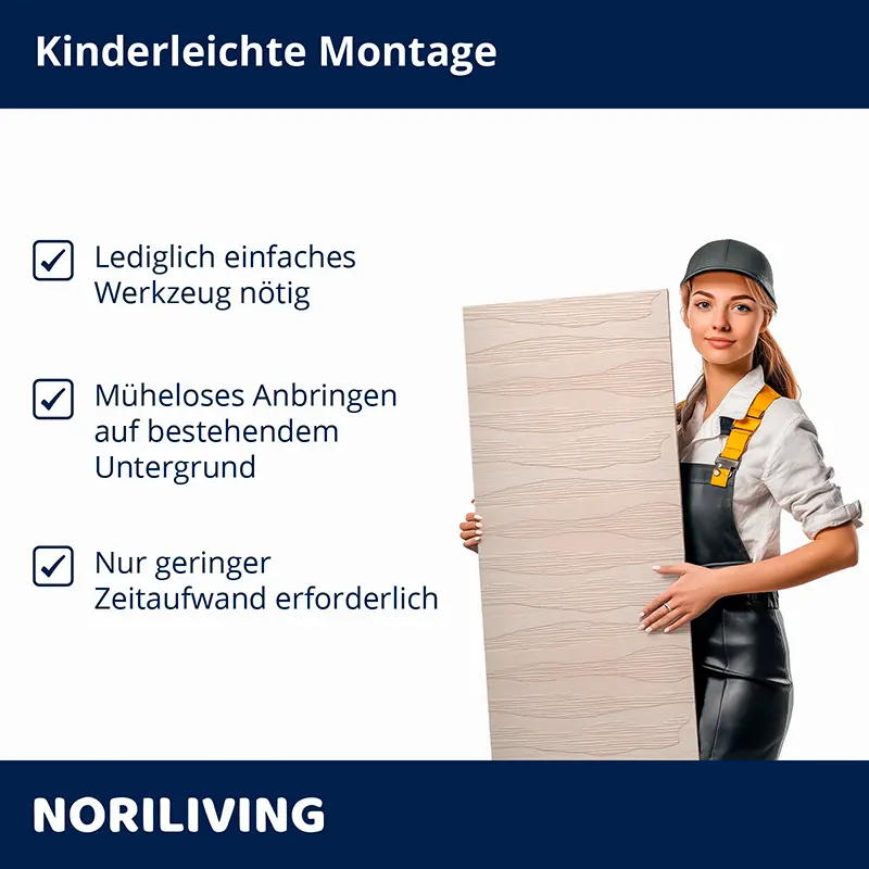 Frau hält Wandpaneel zur einfachen Montage