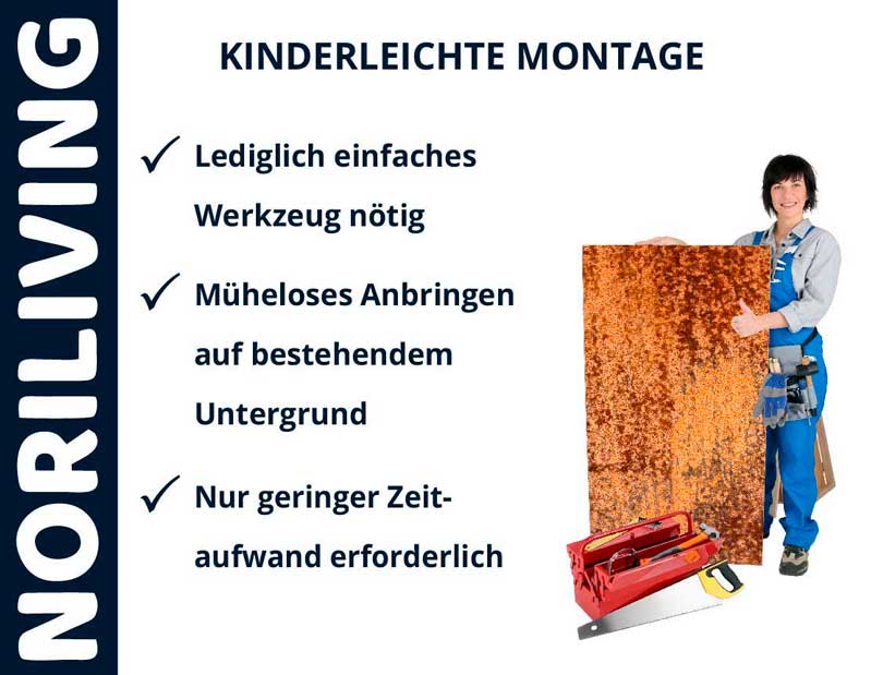 Frau zeigt kinderleichte Montage von NoriLiving-Produkten; einfaches Werkzeug, müheloses Anbringen, geringer Zeitaufwand