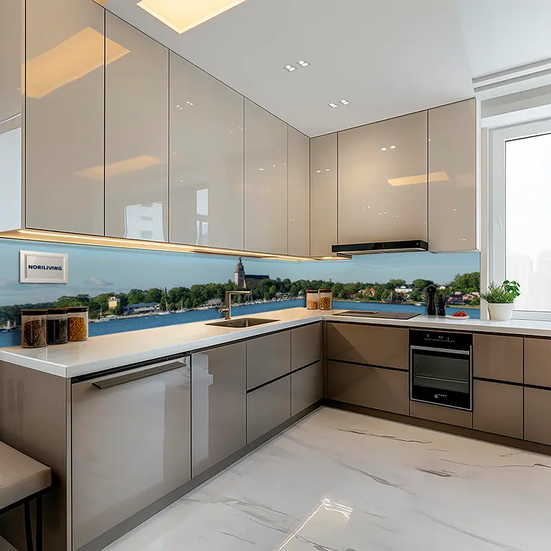 Moderne beige Küche mit Panorama-Glasrückwand