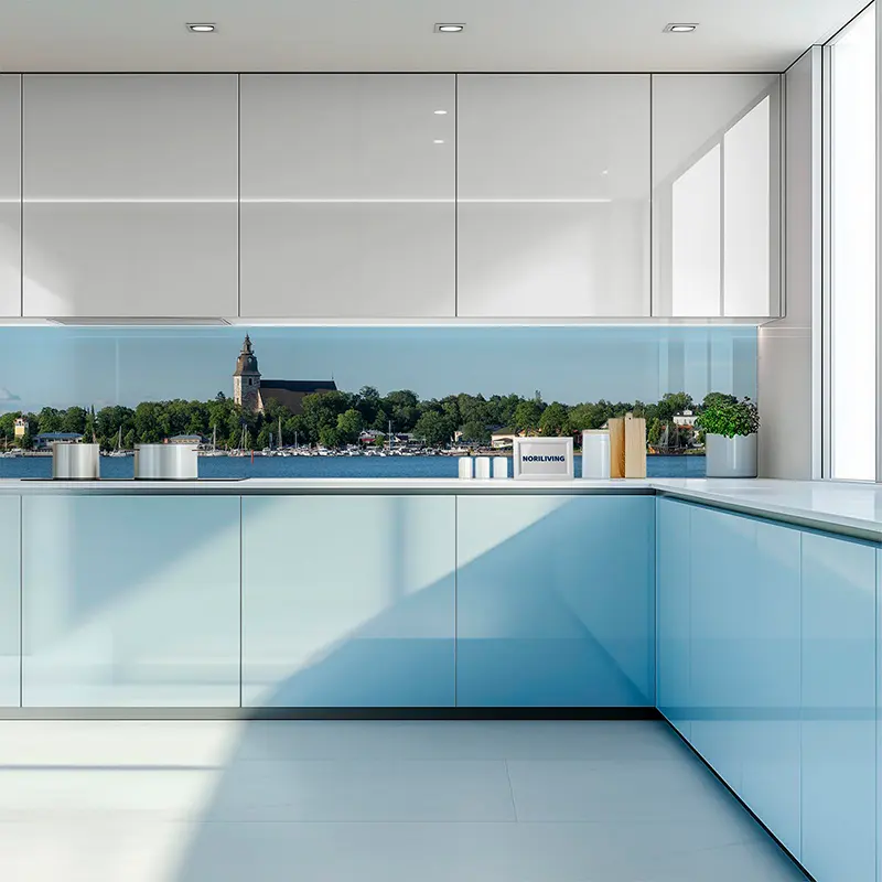 Helle Einbauküche mit Panoramascheibe und Uferblick