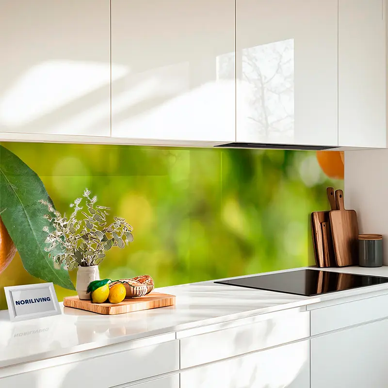 Fliesenspiegel Alu Frische Mandarinen am Zweig vor grünem Bokeh 476