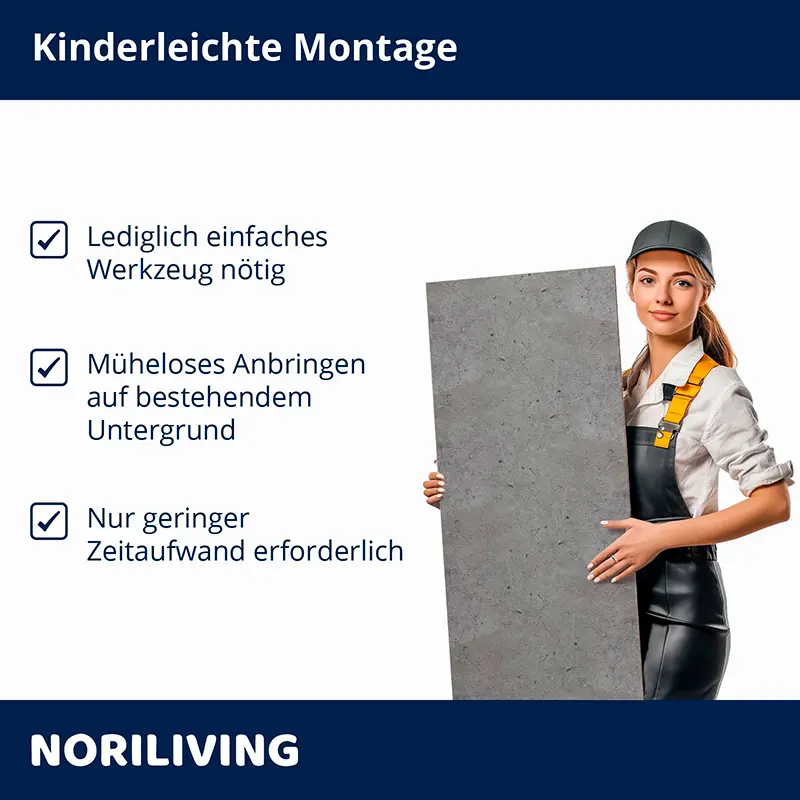 Handwerkerin hält Wandpaneel neben Montagehinweisen