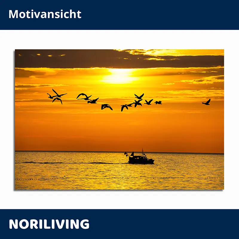 Boot auf dem Meer bei goldenem Sonnenuntergang mit Vögeln