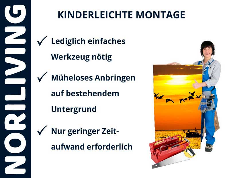 Noriliving-Werbung für einfaches Befestigungssystem, Montageanleitung mit Frau und Sonnenuntergangsbild