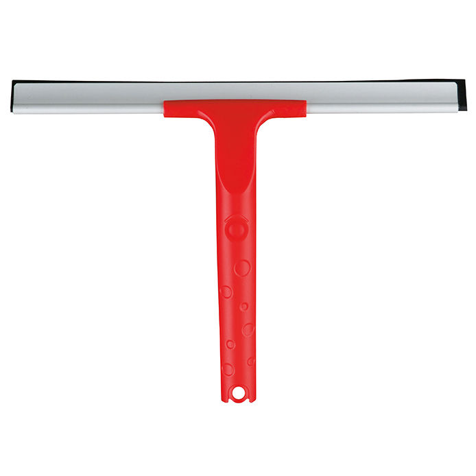 Ein roter Fensterabzieher mit ergonomischem Griff auf weißem Hintergrund