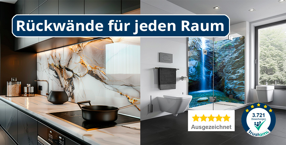 Abbildungen von eleganten Rückwänden in einer modernen Küche und einem Badezimmer, ausgezeichnet mit hoher Kundenbewertung.