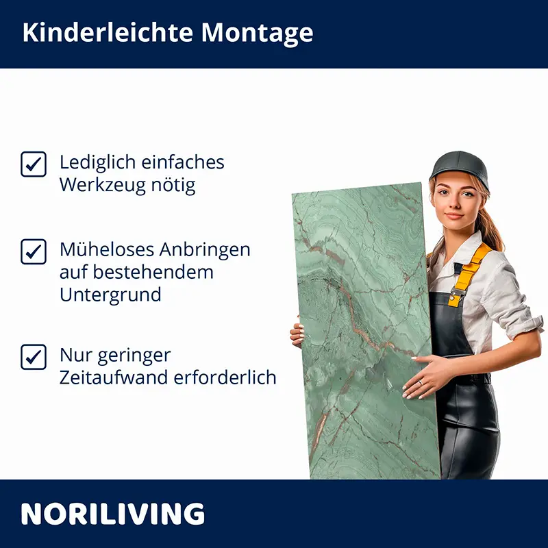 Montage: Frau hält grüne Marmor-Dekorplatte