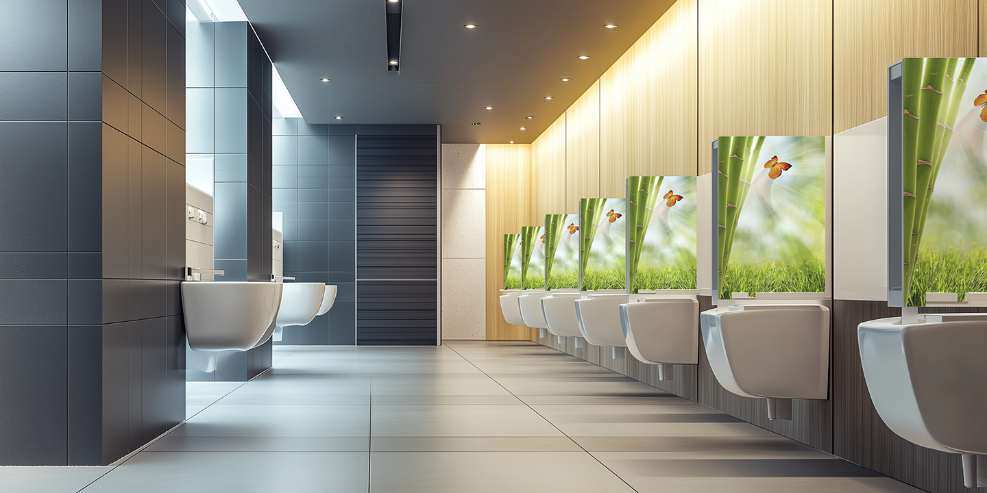 Urinale mit grünen Trennwänden in modernem WC