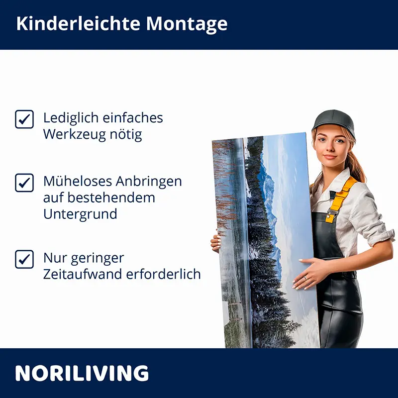 Frau hält Wandbild-Panel, kinderleichte Montage