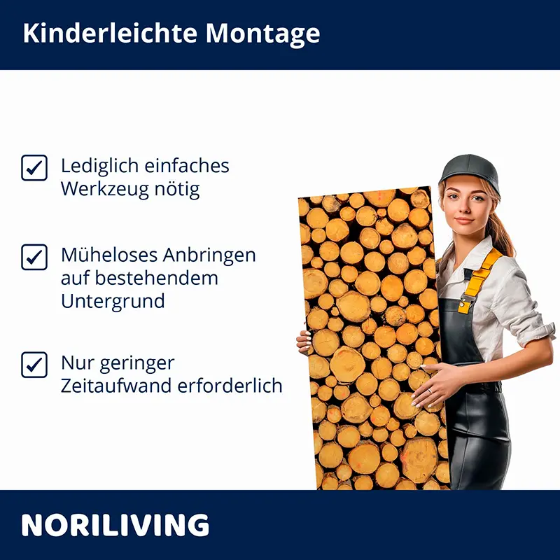 Frau mit Wandpanel in Holzoptik, einfache Montage