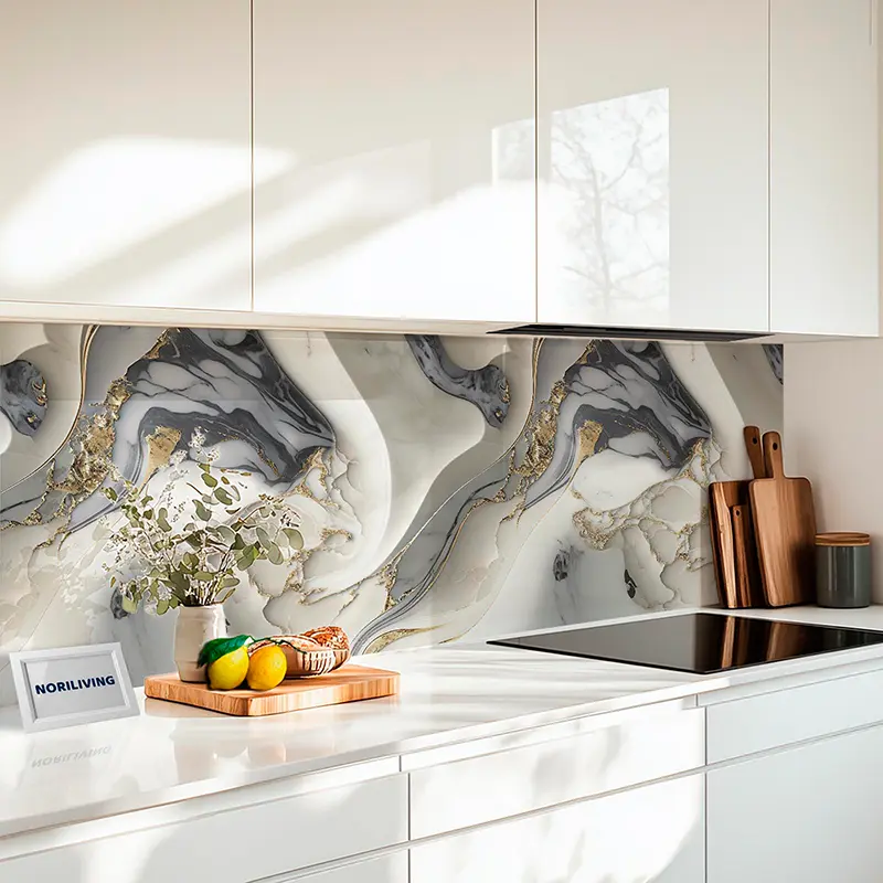 Weiße Küche mit Marmor-Spritzschutz und Goldakzenten