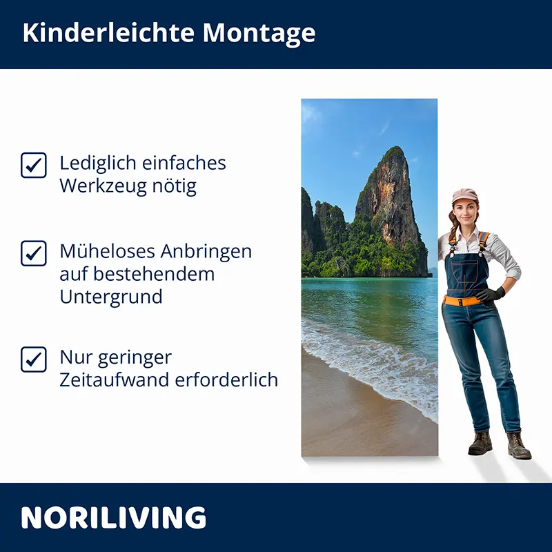 Frau mit Wandbild (Strandmotiv) demonstriert einfache Montag