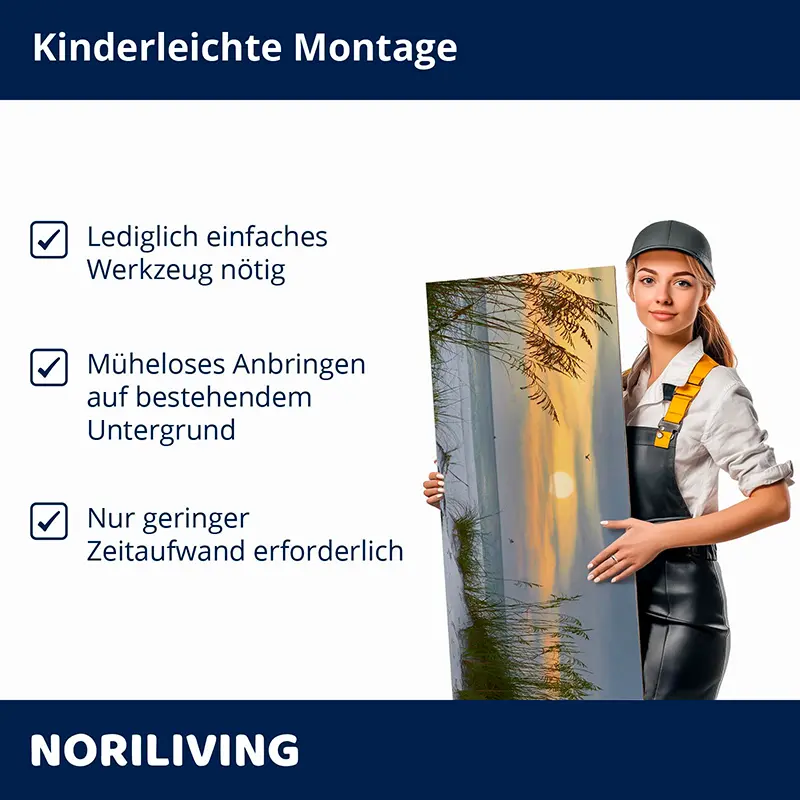 Montage-Ansicht: Handwerkerin hält Wandbildpaneel