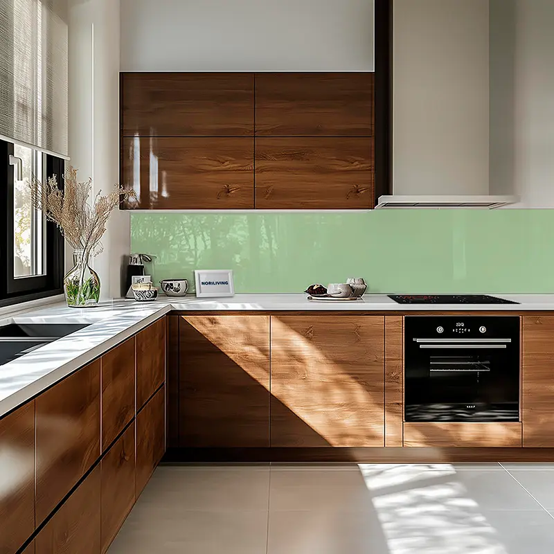 Eckküche mit Holzschränken, weißer Arbeitsplatte und Ofen