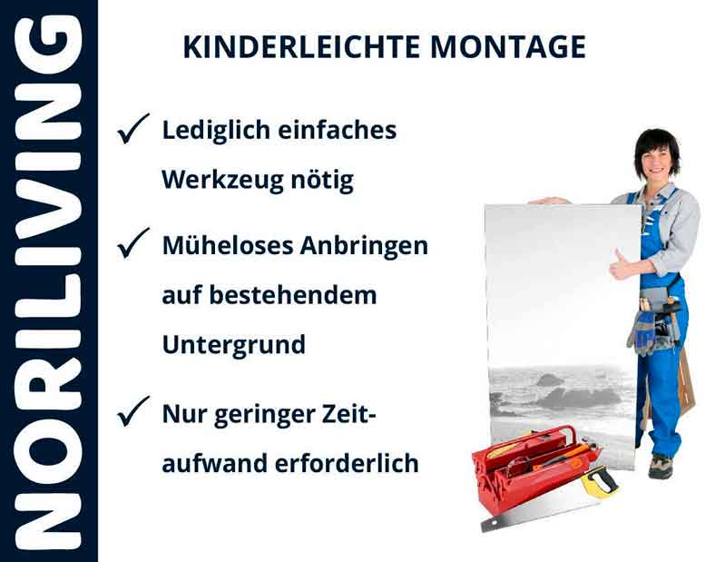 Person hält Montage-Set von Noriliving mit einfachem Werkzeug für kinderleichte Installation.