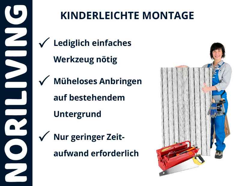 Frau präsentiert einfache Montageoptionen für NORILIVING-Produkte, mit minimalem Werkzeugeinsatz und geringem Zeitaufwand.
