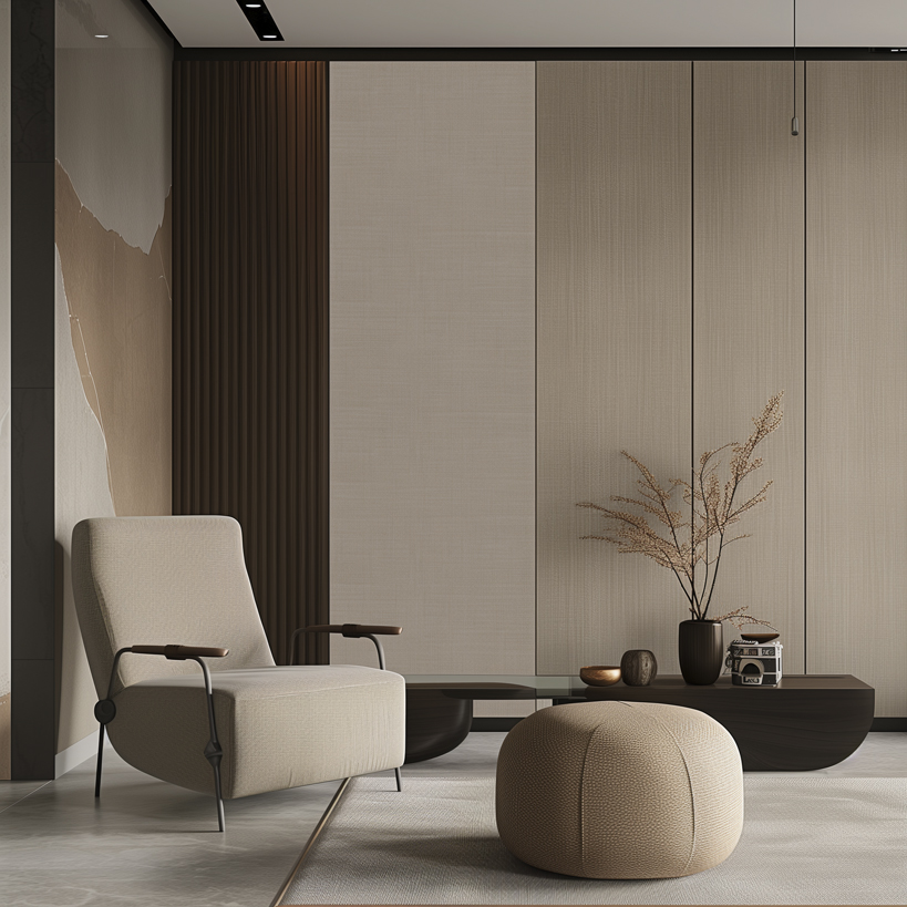 Minimalistisch eingerichtetes Wohnzimmer mit beigem Sessel, Pouf und Dekoration auf einem niedrigen Tisch