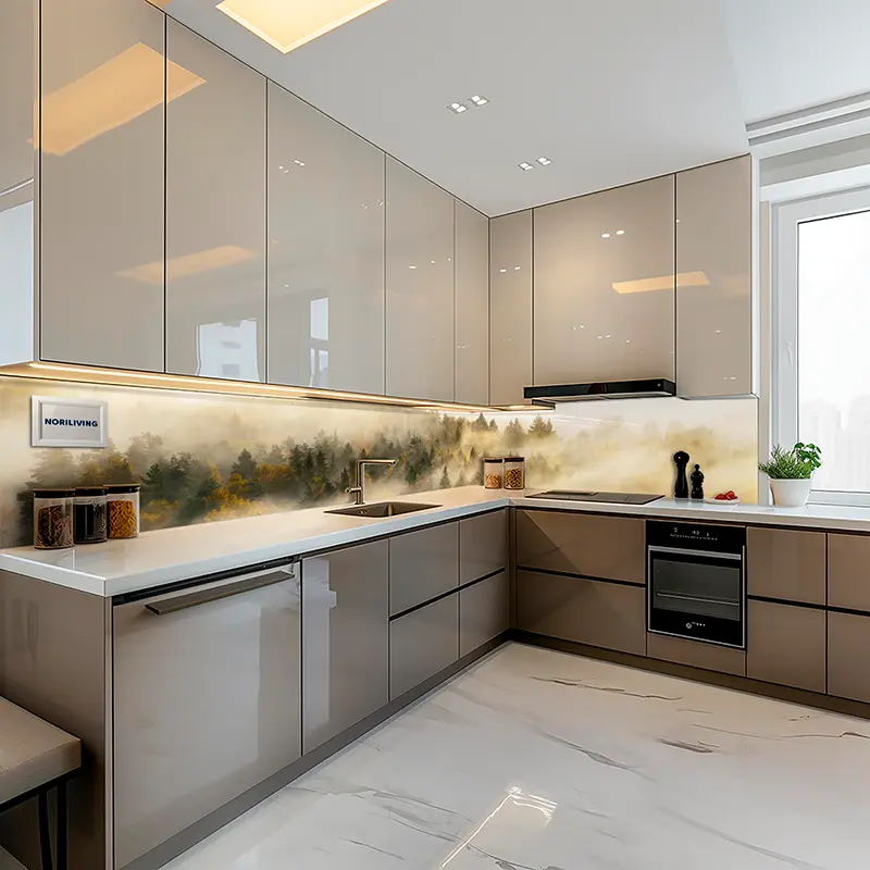 Eckküche in Hochglanz mit Nebelwald-Dekor