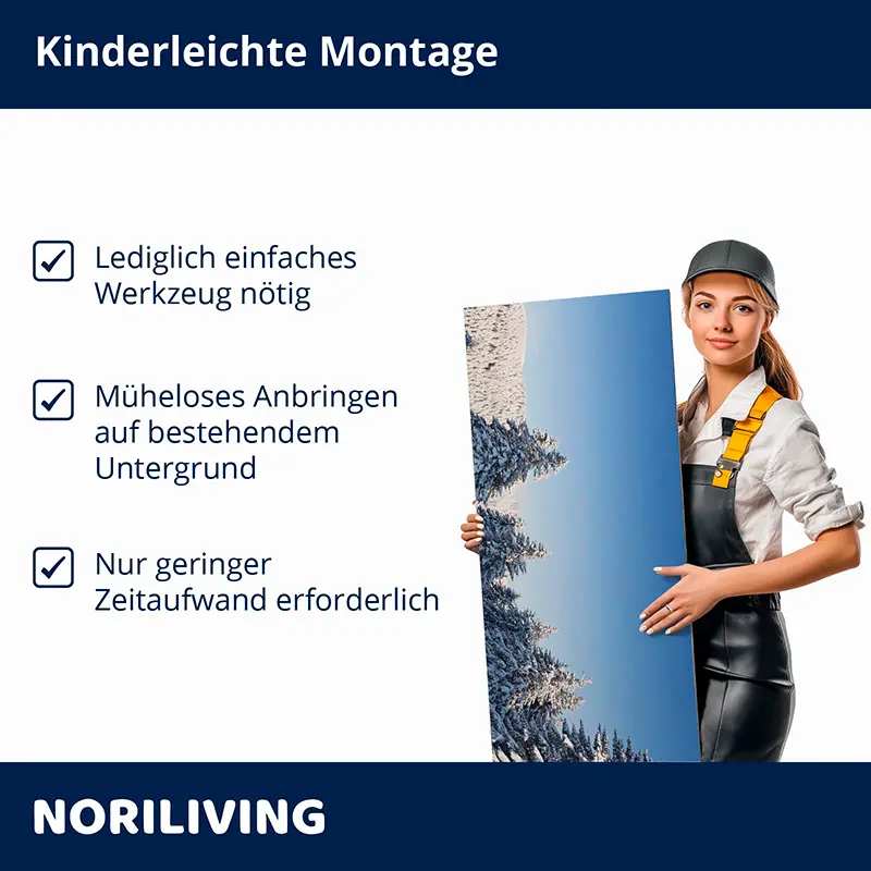 Montagehinweis: Frau zeigt leicht montierbares Wandpanel