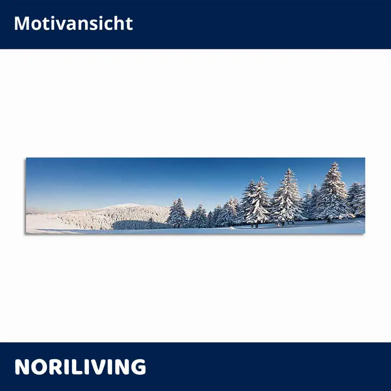 Panoramafoto verschneiter Tannenwald unter blauem Himmel