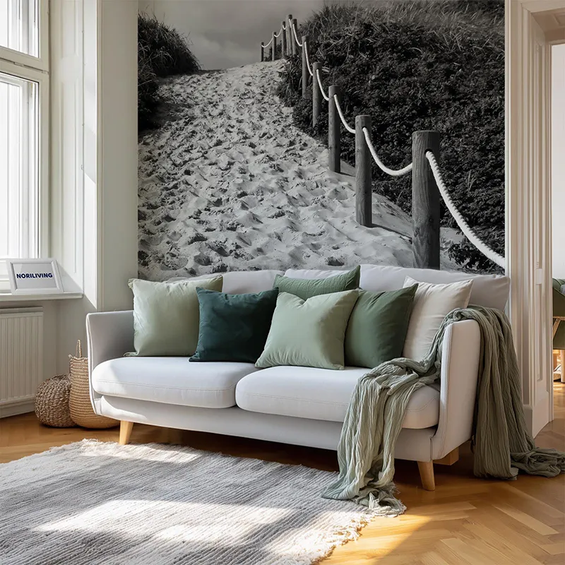 Wohnzimmerrückwand Alu Strandzugang mit Sand zwischen Dünen 305 schwarz-weiß