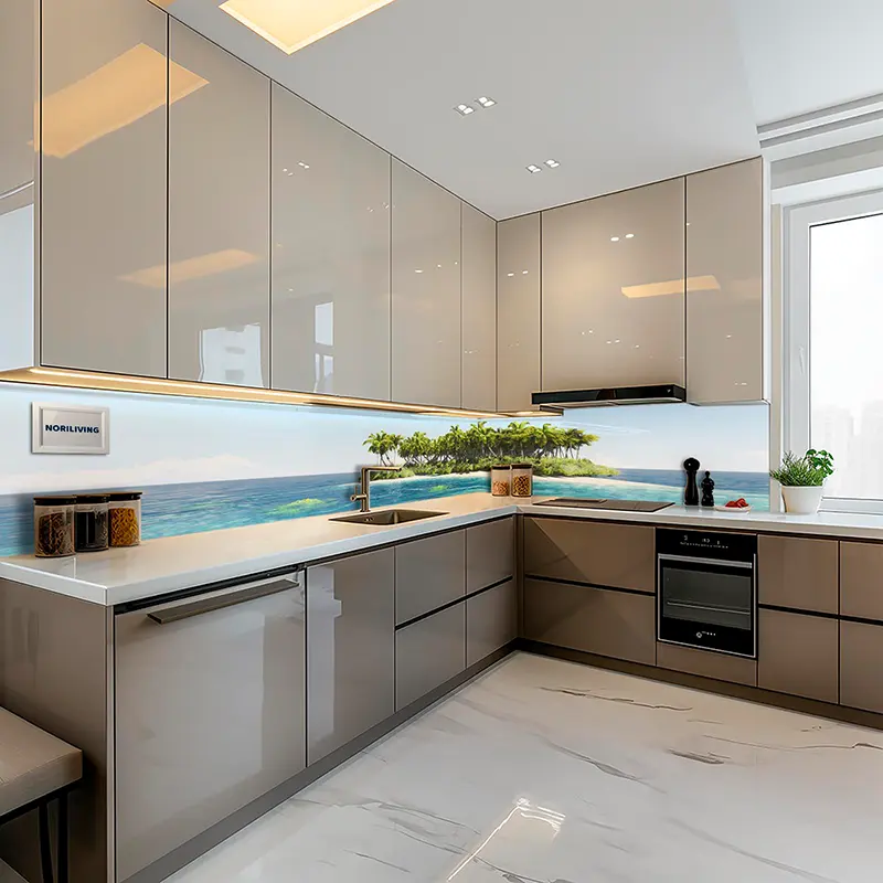 Moderne Küche mit Glasrückwand Motiv Insel und Meer