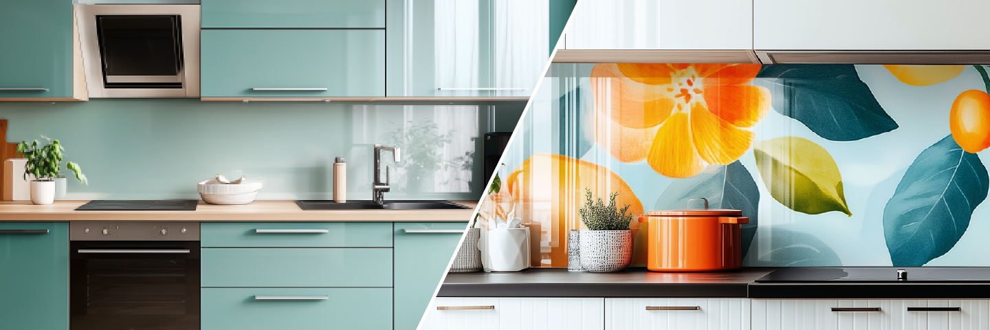 Zwei Küchen im Vergleich: Links eine moderne Küche mit grünen Schränken, rechts eine Küche mit floraler Rückwand und orangen Akzenten.