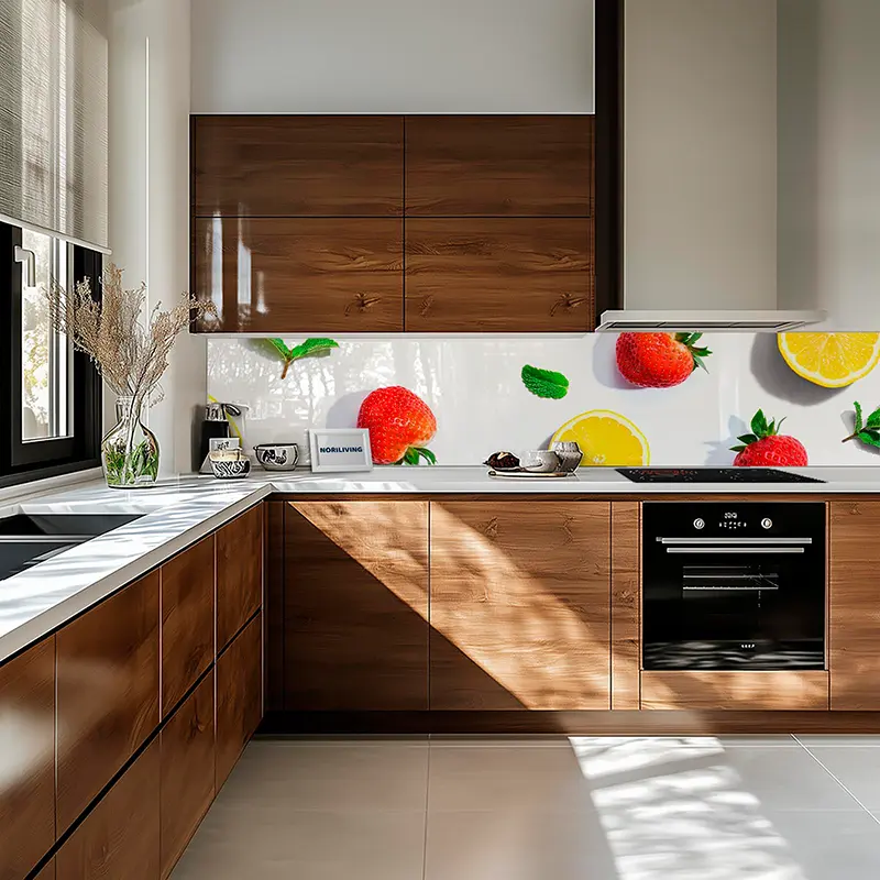 Küche mit Holzschränken und Früchterückwand