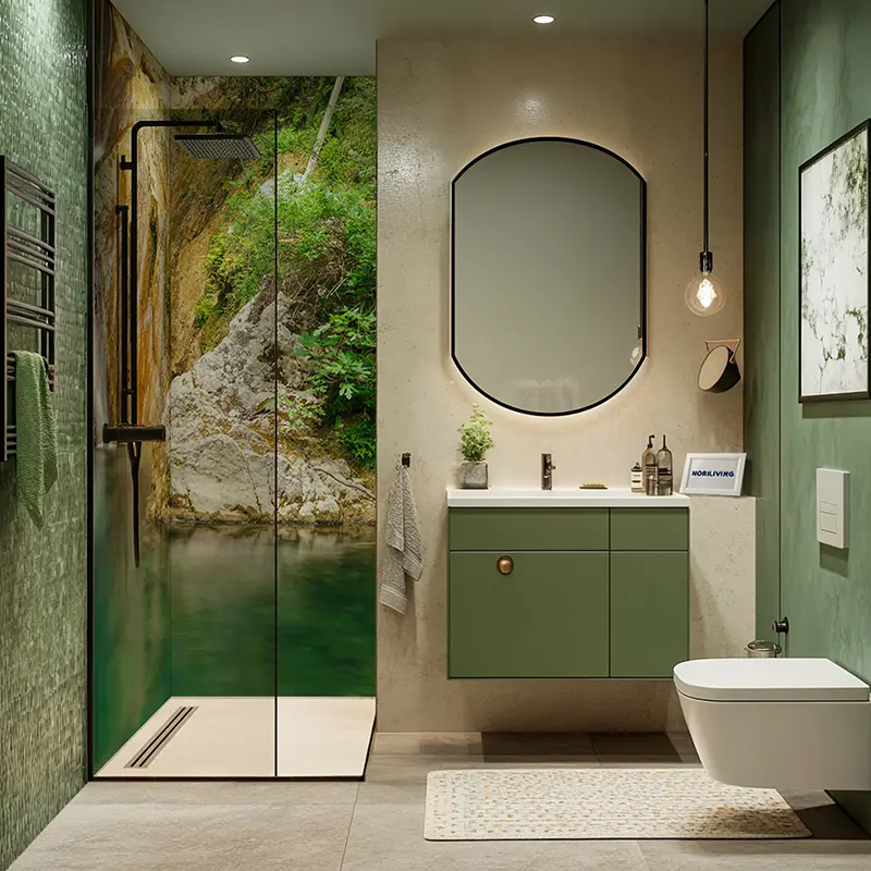 Grünes Bad mit Glasdusche, Naturmotiv und wandhängendem Wasc