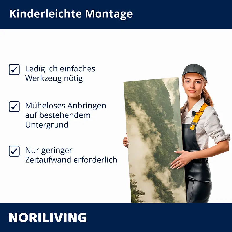 Montagefreundliches Wandpaneel, Frau hält Motivtafel
