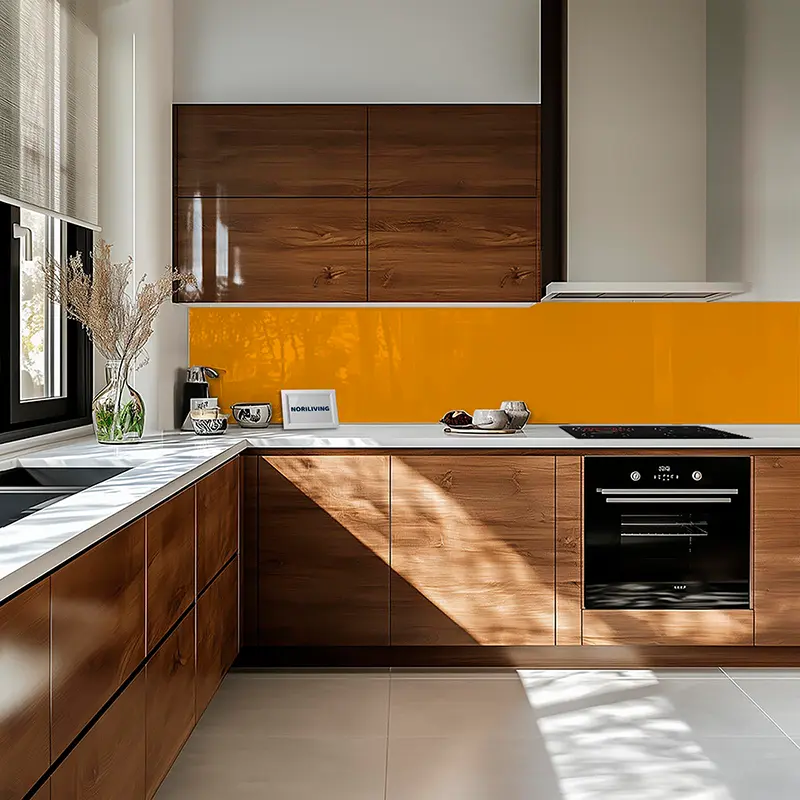 Einbauküche Holzfronten, orangefarbene Rückwand
