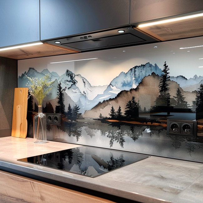 Küchenarbeitsfläche mit Glasrückwand, die eine Landschaft mit Bergen und einem See darstellt