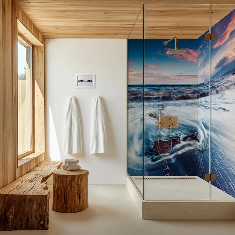 Modernes Badezimmer mit Duschwand Motiv Meereswellen